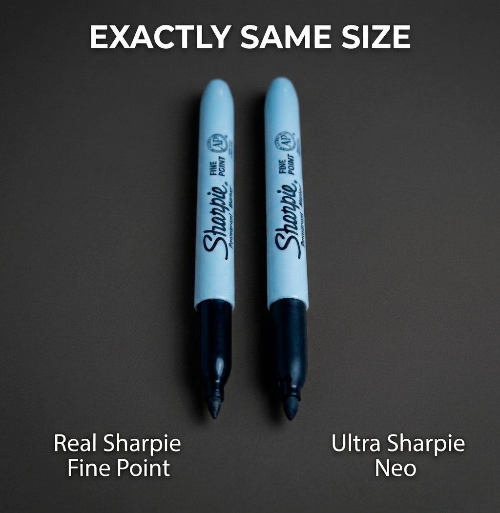 Ultra Sharpie Neo side by side with a regular Sharpie Fine Point, visually identical